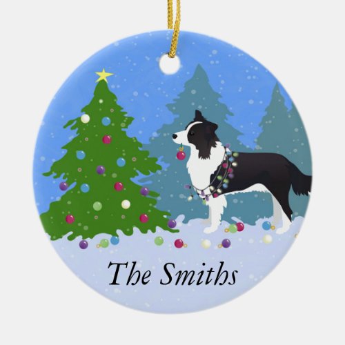 Border Collie Dog Decorating Christmas Tree Ceramic Ornament