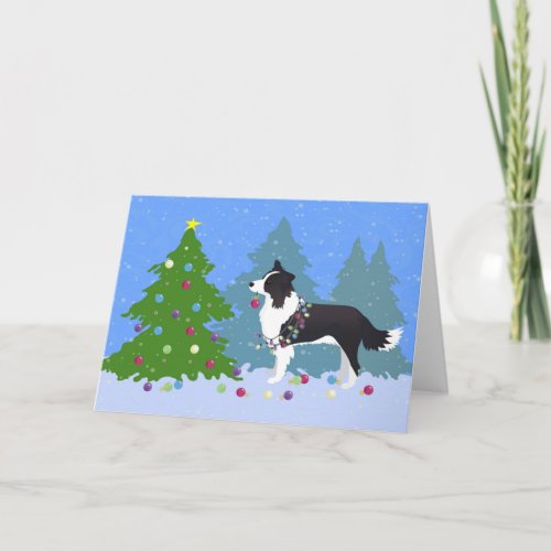 Border Collie Dog Decorating Christmas Tree Holiday Card