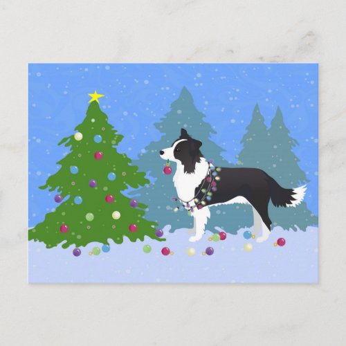 Border Collie Dog Decorating Christmas Tree Holiday Postcard