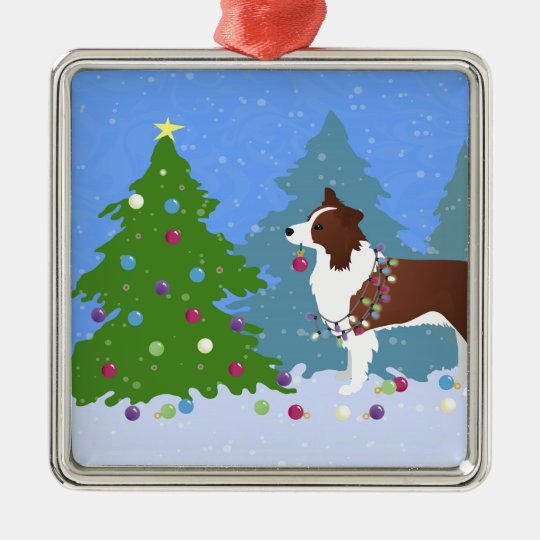 Border Collie Dog Decorating Christmas Tree Metal Ornament | Zazzle.com