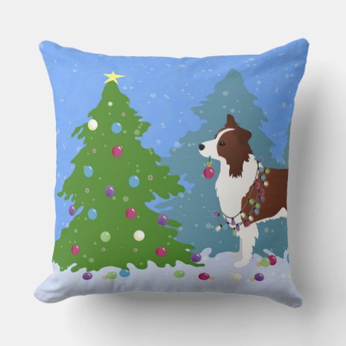 Border Collie Dog Decorating Christmas Tree Throw Pillow