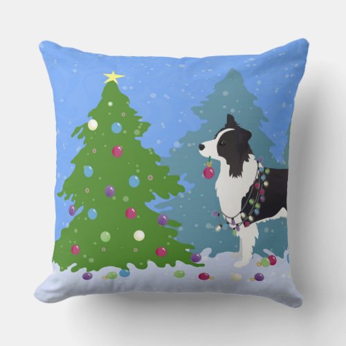 Border Collie Dog Decorating Christmas Tree Throw Pillow