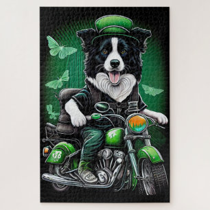 Border Collie Dog Driving Bike St. Patrick's Day Jigsaw Puzzle