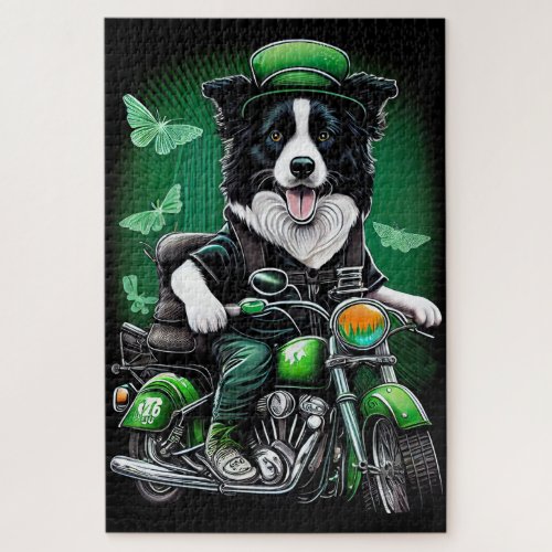 Border Collie Dog Driving Bike St Patricks Day Jigsaw Puzzle