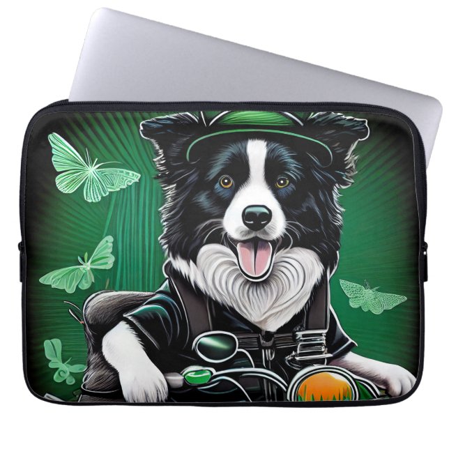 Border Collie Dog Driving Bike St. Patrick's Day Laptop Sleeve (Front)