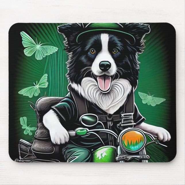 Border Collie Dog Driving Bike St. Patrick's Day Mouse Pad (Front)