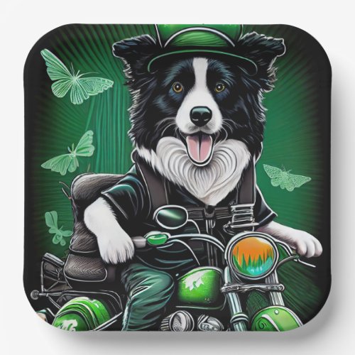 Border Collie Dog Driving Bike St Patricks Day Paper Plates