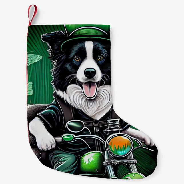 Border Collie Dog Driving Bike St. Patrick's Day Small Christmas Stocking (Front)