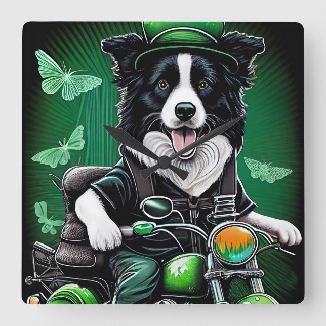 Border Collie Dog Driving Bike St. Patrick's Day Square Wall Clock (Front)
