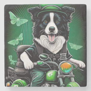 Border Collie Dog Driving Bike St. Patrick's Day Stone Coaster