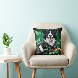 Border Collie Dog Driving Bike St. Patrick's Day Throw Pillow