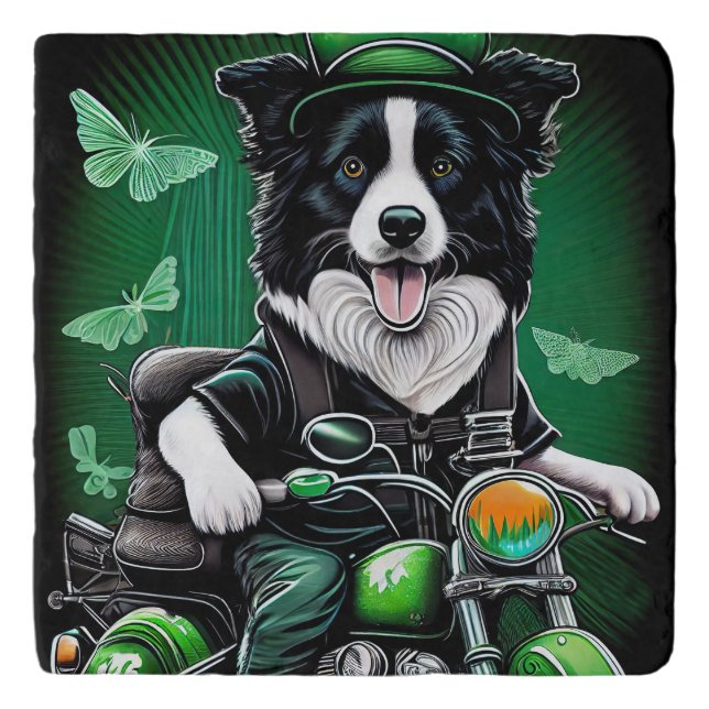 Border Collie Dog Driving Bike St. Patrick's Day Trivet (Front)