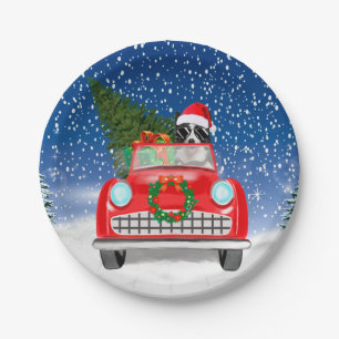 Border Collie Dog Driving Car In Snow Christmas Paper Plates