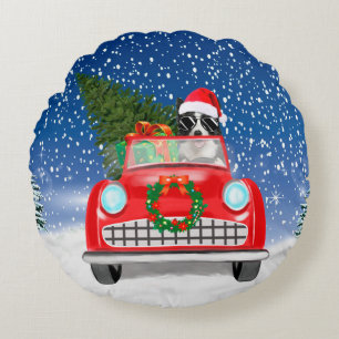 Border Collie Dog Driving Car In Snow Christmas Round Pillow