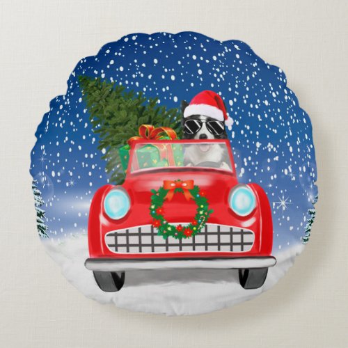 Border Collie  Dog Driving Car In Snow Christmas  Round Pillow
