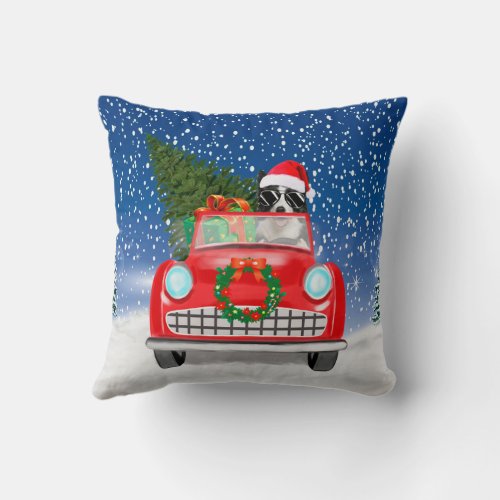 Border Collie  Dog Driving Car In Snow Christmas Throw Pillow