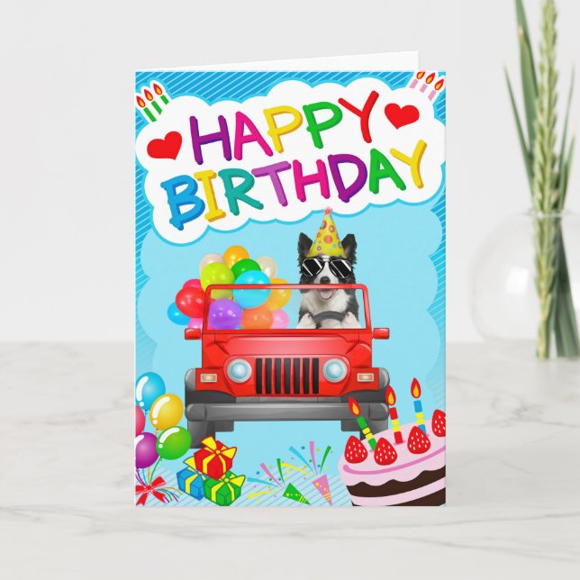 Border Collie Dog Driving with Balloons Card (Front)