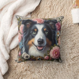 Border Collie Dog Floral Throw Pillow