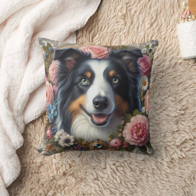Border Collie Dog Floral Throw Pillow (Blanket)