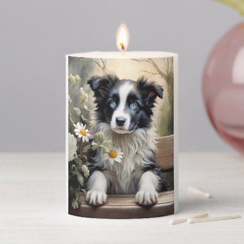 Border Collie Dog Flowers Pillar Candle