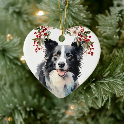 Border Collie Dog Holly Berry Christmas Ceramic Ornament