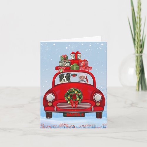 Border Collie Dog In Car With Santa Claus Card