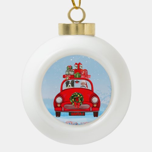 Border Collie Dog In Car With Santa Claus Ceramic Ball Christmas Ornament