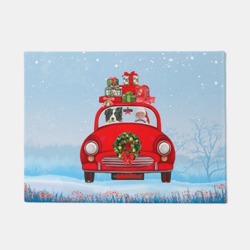 Border Collie Dog In Car With Santa Claus Doormat
