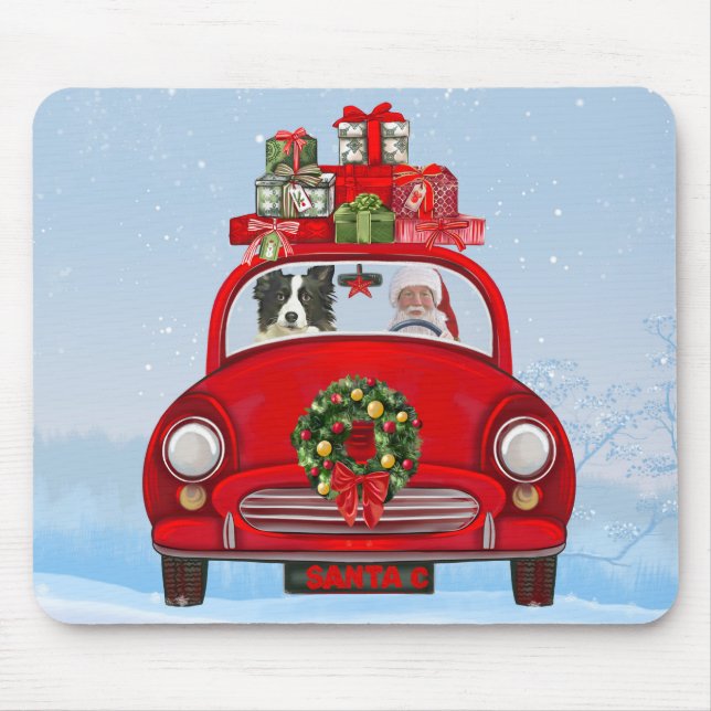 Border Collie Dog In Car With Santa Claus  Mouse Pad (Front)
