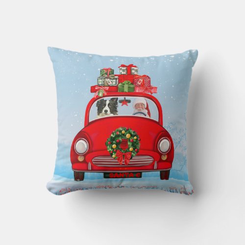Border Collie Dog In Car With Santa Claus  Throw Pillow