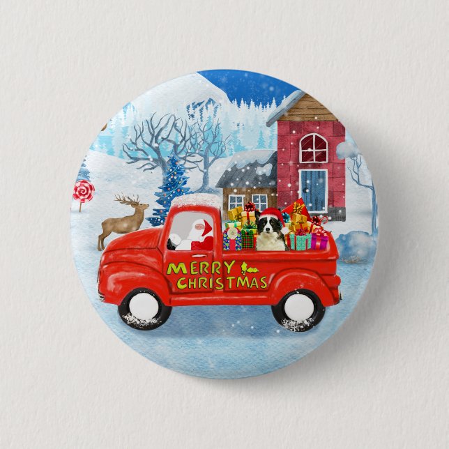Border Collie Dog in Christmas Delivery Truck Snow Button (Front)