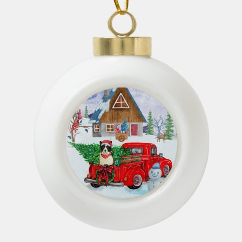 Border Collie dog In Christmas Delivery Truck Snow Ceramic Ball Christmas Ornament