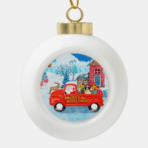 Border Collie Dog in Christmas Delivery Truck Snow Ceramic Ball Christmas Ornament