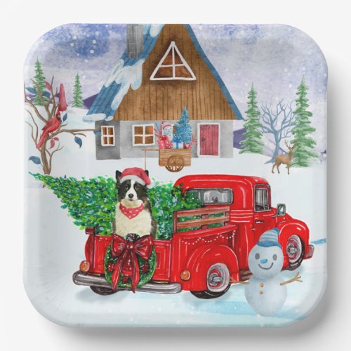 Border Collie dog In Christmas Delivery Truck Snow Paper Plates