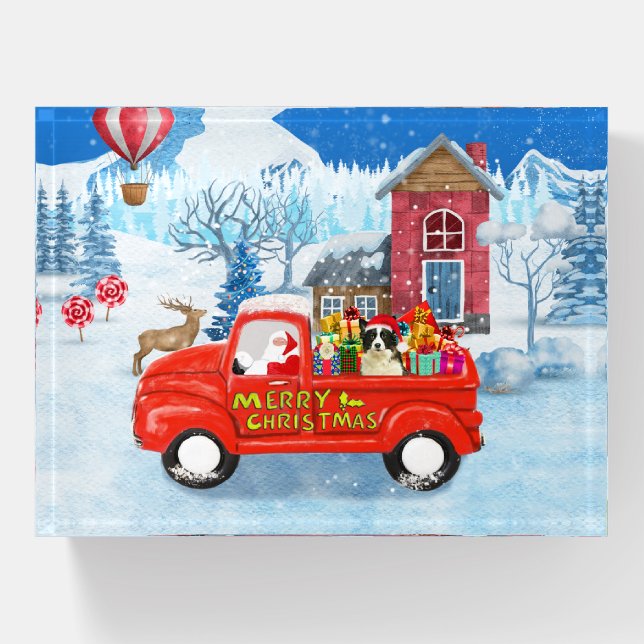 Border Collie Dog in Christmas Delivery Truck Snow Paperweight (Front)