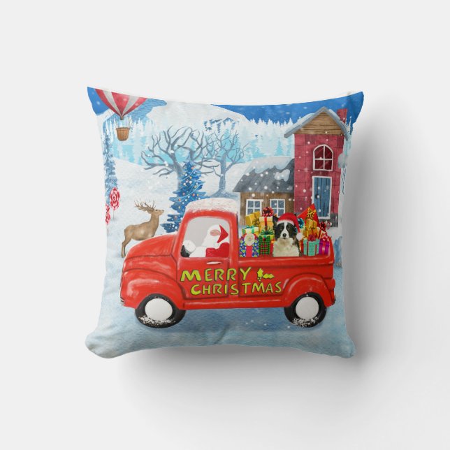 Border Collie Dog in Christmas Delivery Truck Snow Throw Pillow (Front)