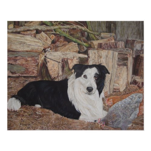 border collie dog in log shed with chickens art poster