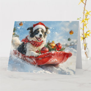 Border Collie Dog in Sledge Let it Snow Christmas  Card