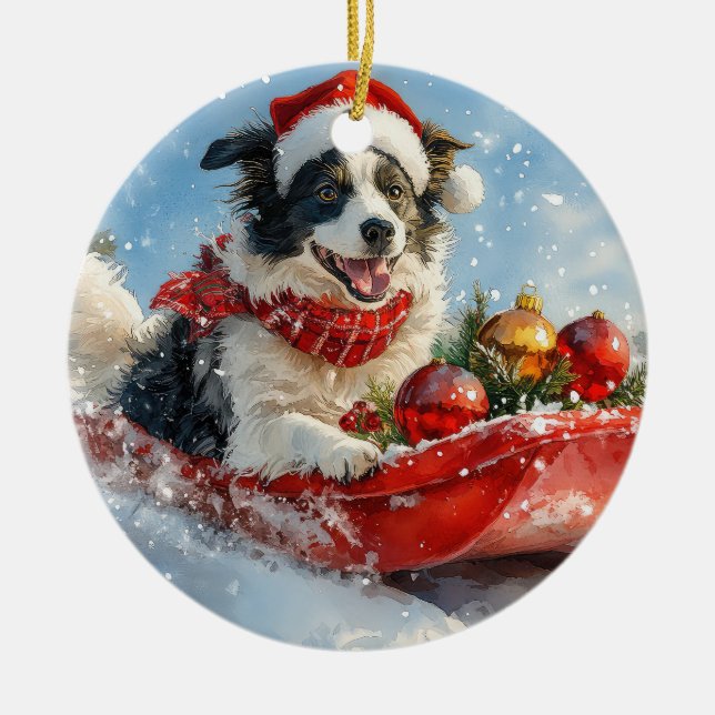 Border Collie Dog in Sledge Let it Snow Christmas  Ceramic Ornament (Front)