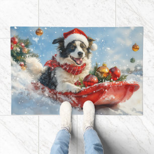 Border Collie Dog in Sledge Let it Snow Christmas Doormat