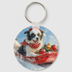 Border Collie Dog in Sledge Let it Snow Christmas Keychain