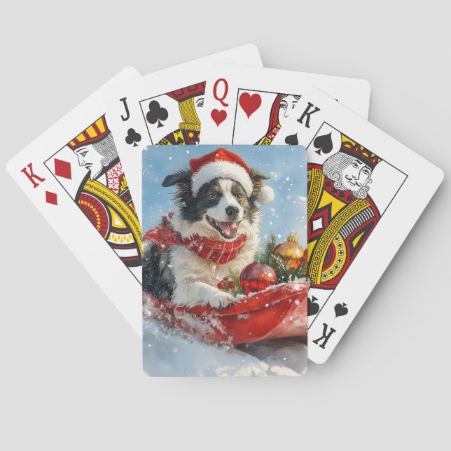 Border Collie Dog in Sledge Let it Snow Christmas  Poker Cards (Back)