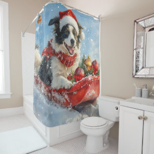 Border Collie Dog in Sledge Let it Snow Christmas Shower Curtain