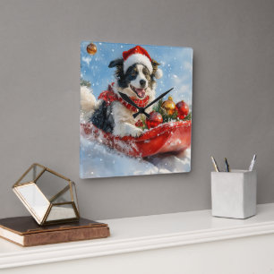 Border Collie Dog in Sledge Let it Snow Christmas Square Wall Clock