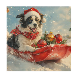 Border Collie Dog in Sledge Let it Snow Christmas Wood Wall Art