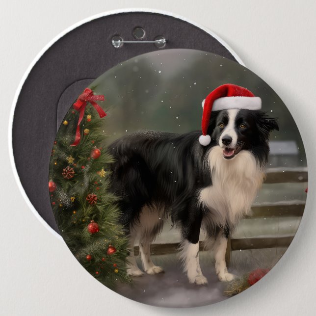 Border Collie Dog in Snow Christmas Button (Front & Back)