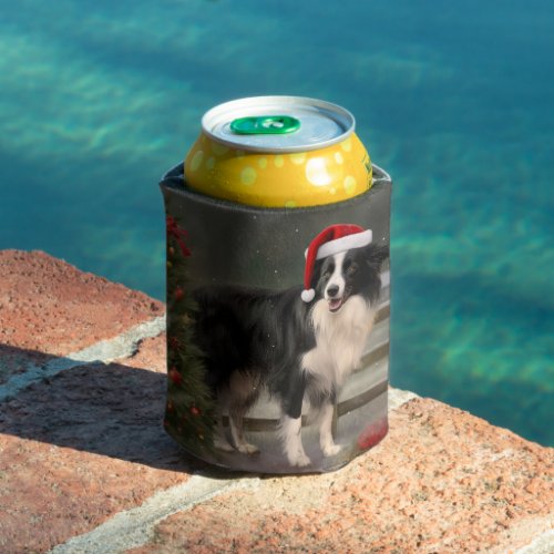 Border Collie Dog in Snow Christmas Can Cooler