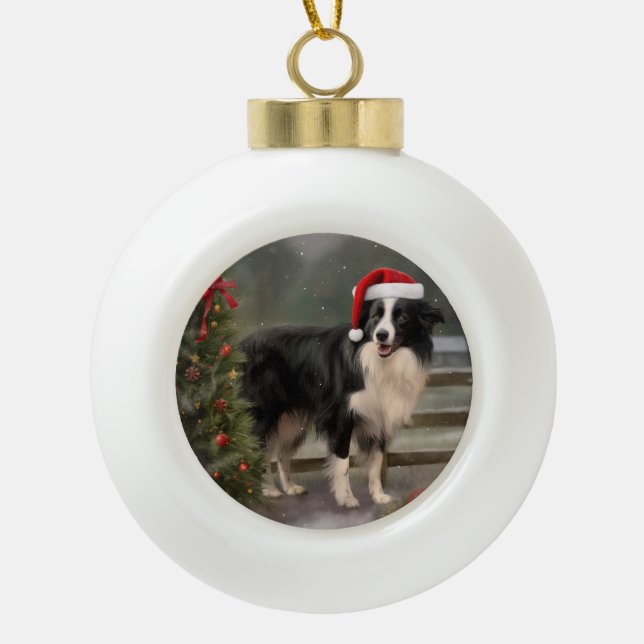Border Collie Dog in Snow Christmas Ceramic Ball Christmas Ornament (Front)
