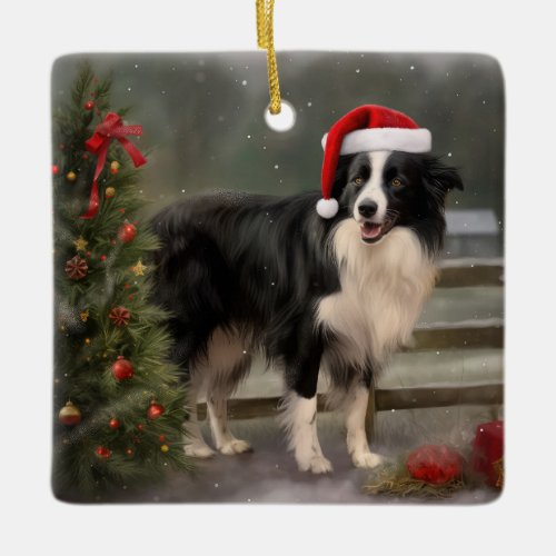 Border Collie Dog in Snow Christmas Ceramic Ornament