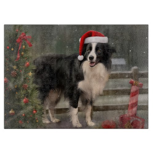 Border Collie Dog in Snow Christmas Cutting Board